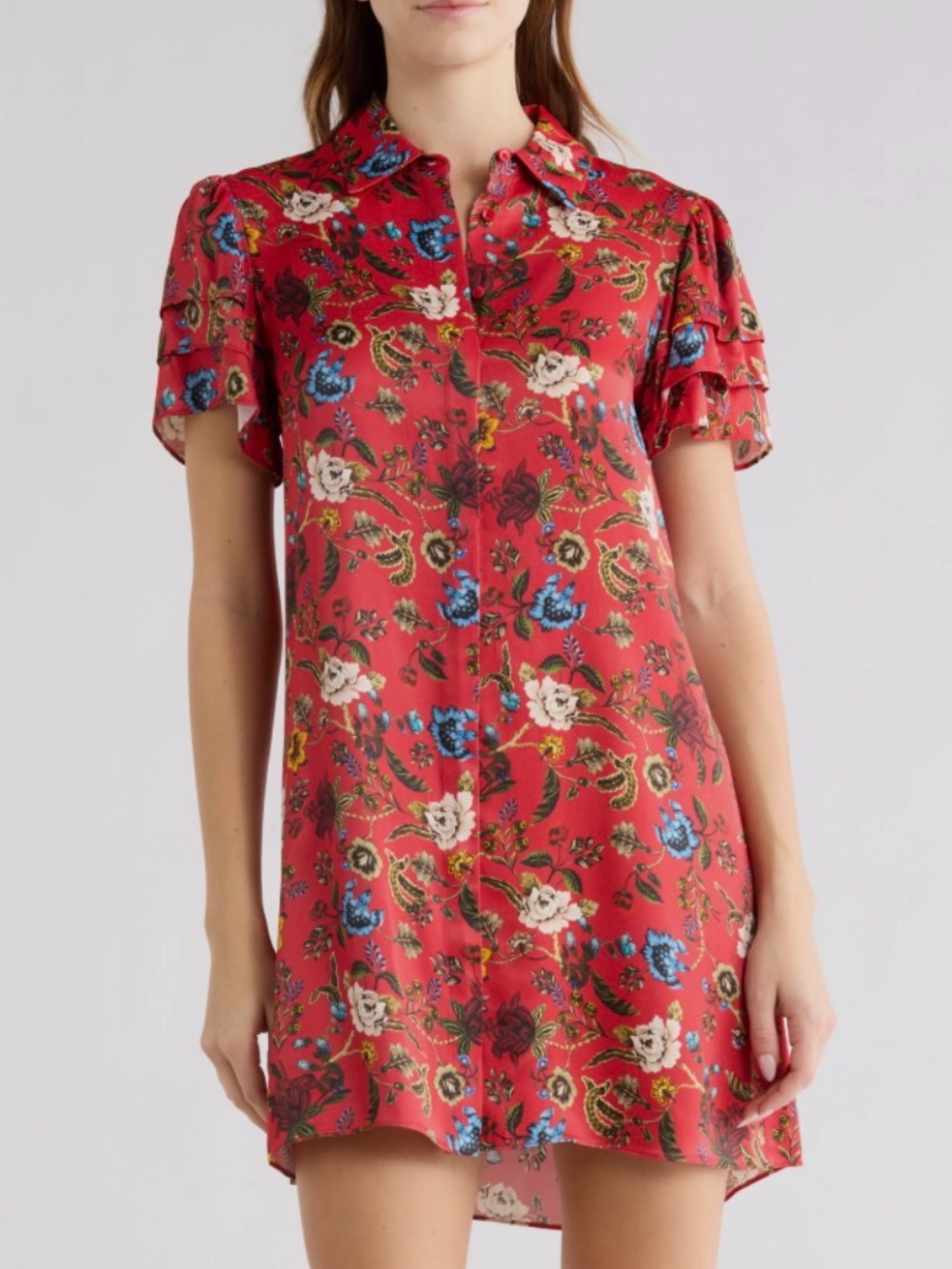 Alice + Olivia Jem Floral Tiered Short Sleeve Shirtdress Size M $395